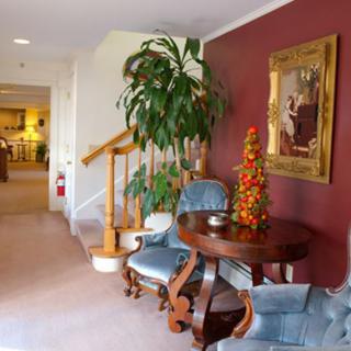 A cozy seating area in a lobby with elegant furniture, a large plant, and decorative elements.
