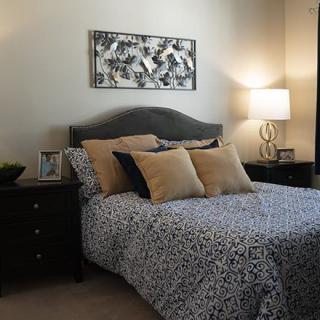 A modern bedroom with a stylish bed, decorative pillows, bedside tables, and a contemporary lamp.