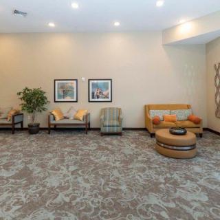 A well-furnished lobby with comfortable seating and decorative elements.