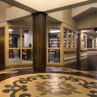 A stylish lobby area showcasing elegant flooring and contemporary design elements.