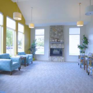 Bright living room with a fireplace, armchairs, and large windows.