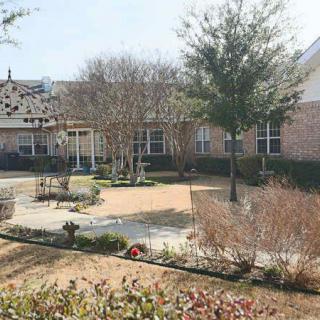 A serene garden with a circular pathway surrounded by trees and plants, adjacent to a building.