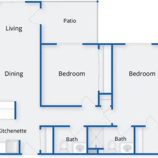 This is a floor plan of an apartment featuring a living room, dining area, kitchen, two bedrooms, and two bathrooms.