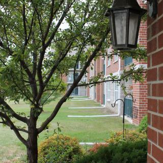 View of a brick building with a tree and lamp in the foreground.