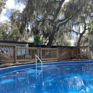 A serene outdoor pool surrounded by a wooden deck and lush trees.