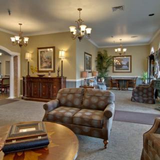 An elegant living room with classical furniture and lighting.