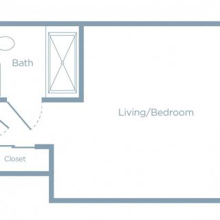 Studio apartment floor plan with living/bedroom area, bathroom, and closet.