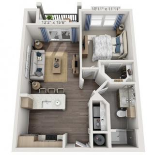 1-bedroom apartment floor plan with an open living area, kitchen, bathroom, and balcony.