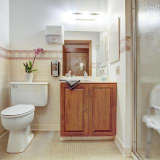 A well-lit modern bathroom featuring a toilet, sink with wooden cabinet, and a glass shower.