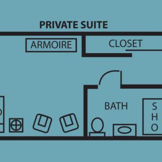 A floor plan of a private suite featuring an armoire, closet, bathroom, and shower.