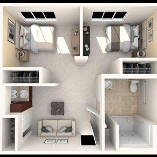 A detailed floor plan of a two-bedroom apartment with a living area, kitchen, and bathroom.