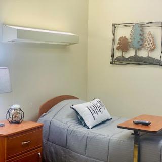 A cozy hospital room featuring a neatly made bed, bedside lamp, and decorative wall art.