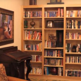 A cozy library corner with wooden bookshelves filled with various books.