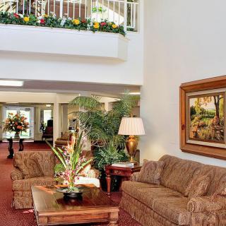 A cozy hotel lobby with comfortable sofas, a coffee table adorned with plants, and artwork on the wall.