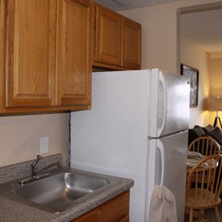A compact kitchen area featuring wooden cabinets, a refrigerator, and a stainless steel sink.