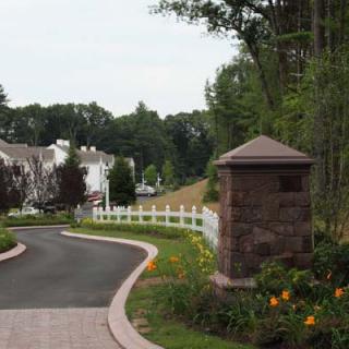 A winding driveway lined with flowers and trees in a residential area.