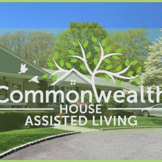 Logo of Commonwealth House Assisted Living with a background image of a building and tree.