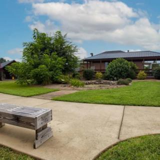 A peaceful residential garden with a bench, lawn, and house under a blue sky.