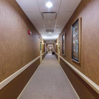 A well-lit hallway with artwork on the walls and a carpeted floor.