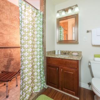 A bathroom with a shower featuring a curtain, wooden cabinet under the sink, and a toilet.
