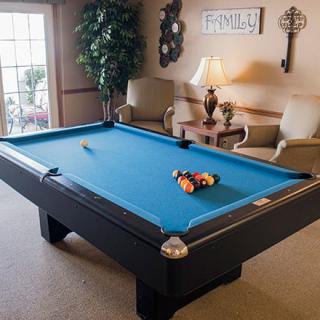A cozy game room featuring a pool table with a blue felt surface.