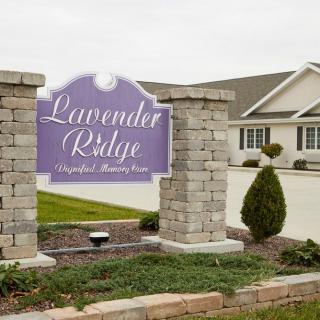 Entrance sign for Lavender Ridge, a retirement home with landscaped surroundings.