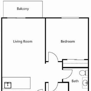 A simple floor plan of a one-bedroom apartment with a living room, bathroom, and balcony.