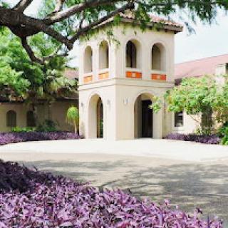 A serene courtyard featuring elegant architecture surrounded by vibrant purple flowers and lush greenery.