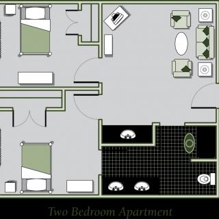 A detailed floor plan of a two-bedroom apartment, showcasing the layout of bedrooms, bathroom, and living spaces.