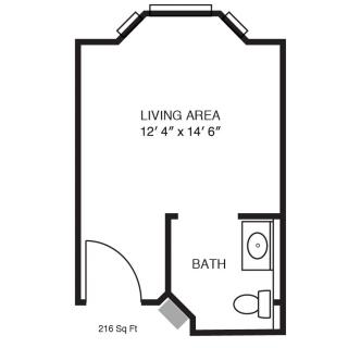 A floor plan of a studio apartment featuring a living area and bathroom.
