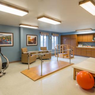 A well-equipped physical therapy room featuring balance bars, exercise equipment, and a vibrant orange exercise ball.