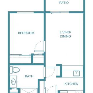A floor plan of a one-bedroom apartment featuring a kitchen, living/dining area, bathroom, and patio.