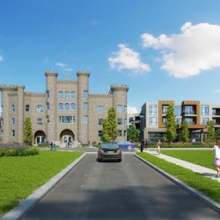 A blend of historic and modern architecture in an urban setting.