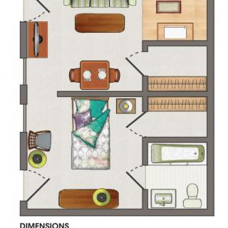 A detailed floor plan illustrating a room layout with furniture and fixtures.