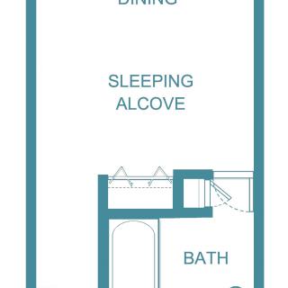 Simple floor plan of a studio apartment featuring a living/dining area, sleeping alcove, and bathroom.