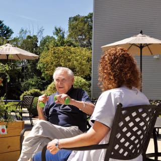 A friendly conversation taking place outdoors in a sunny garden setting.