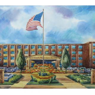 A painted depiction of a large building with an American flag flying in front, surrounded by cars and landscaped trees under a cloudy sky.