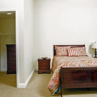 A cozy bedroom featuring a bed with patterned bedding, a nightstand with a lamp, and an open walk-in closet.