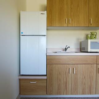 A compact kitchen area featuring a refrigerator, microwave, sink, and wooden cabinets.