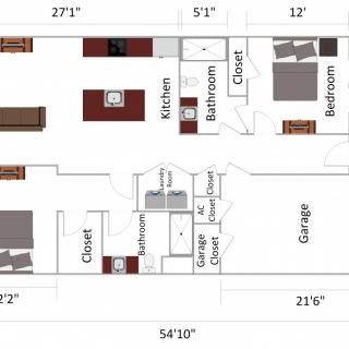 A detailed floor plan showing the layout of a house with dimensions and labeled rooms including bedrooms, bathrooms, kitchen, and garage.