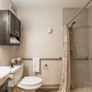 Modern bathroom with a shower and toilet features.
