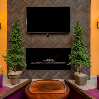 A modern living room with a television mounted above a sleek fireplace, flanked by two potted plants.
