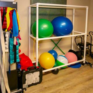 A fitness center storage area featuring gym balls, resistance bands, and exercise equipment neatly organized on a rack.