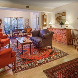 A cozy living room with elegant furnishings and vibrant rugs, bathed in natural light.