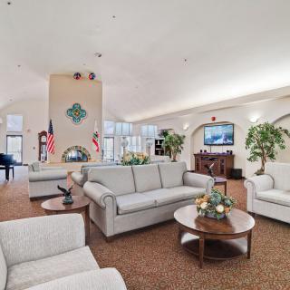 A spacious and well-lit living room featuring comfortable sofas, a television, indoor plants, and decorative elements.