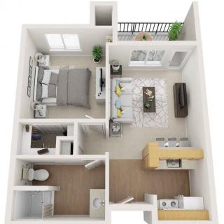 A 3D floor plan of a one-bedroom apartment featuring a living room, kitchen, bathroom, bedroom, and balcony.