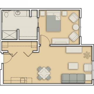A floor plan of a one-bedroom apartment, showcasing the arrangement of the living room, kitchen, bedroom, and bathroom.