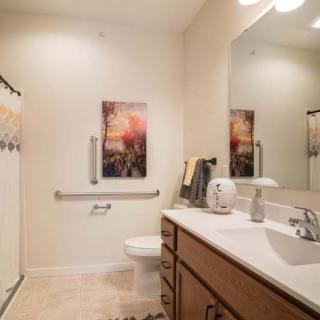 A well-lit bathroom with modern amenities, featuring a sink, mirror, and artwork on the wall.
