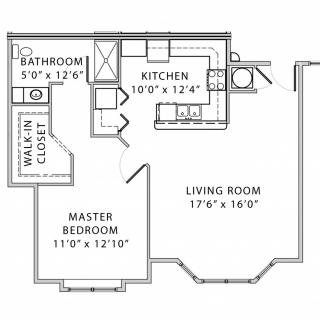 This image shows a floor plan of a one-bedroom apartment with a living room, kitchen, bathroom, and walk-in closet.