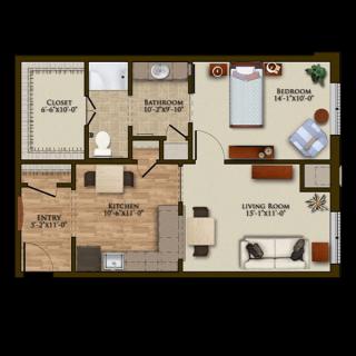 A floor plan of a one-bedroom apartment featuring a living/dining area, kitchen, bedroom, bathroom, and closet.